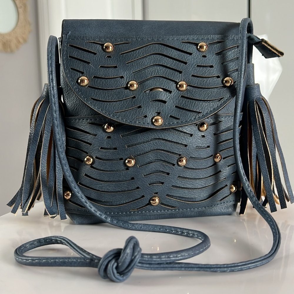 Slate Blue Vegan Leather Studded Crossbody Bag Purse with Fringe